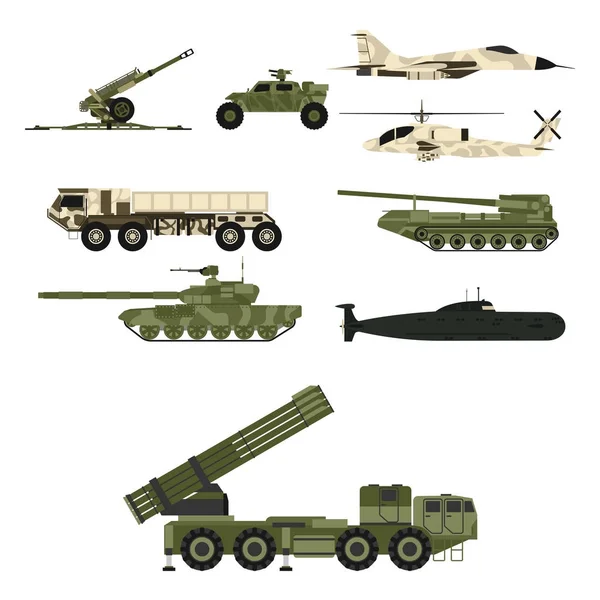 Ejército militar transporte técnico vector guerra tanques industria técnica armadura sistema blindado ejército personal camuflaje portaaviones arma ilustración . — Vector de stock