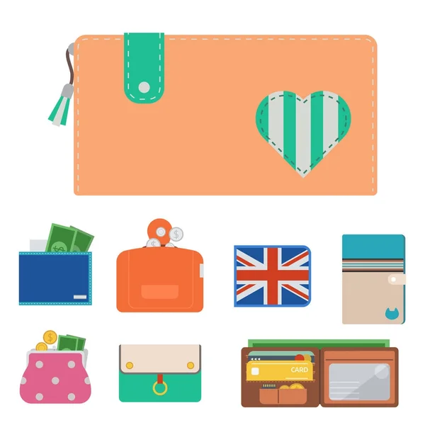 Monedero monedero vector dinero compras comprar negocio billeteras financieras bolsa de pago y cartera accesorio moda efectivo riqueza moda ilustración . — Archivo Imágenes Vectoriales