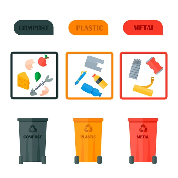 Verschillende recyclage afval pictogrammen vuilnis typen sorteren van verwerking, gebruik maken van de behandeling remaking Prullenbak illustratie vector. — Stockvector