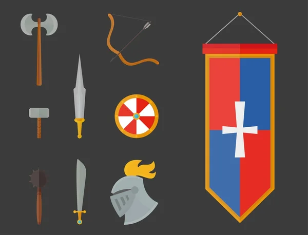 Knights symboler medeltida vapen heraldiska knighthood element medeltida kungariket redskap knightly vektorillustration. — Stock vektor