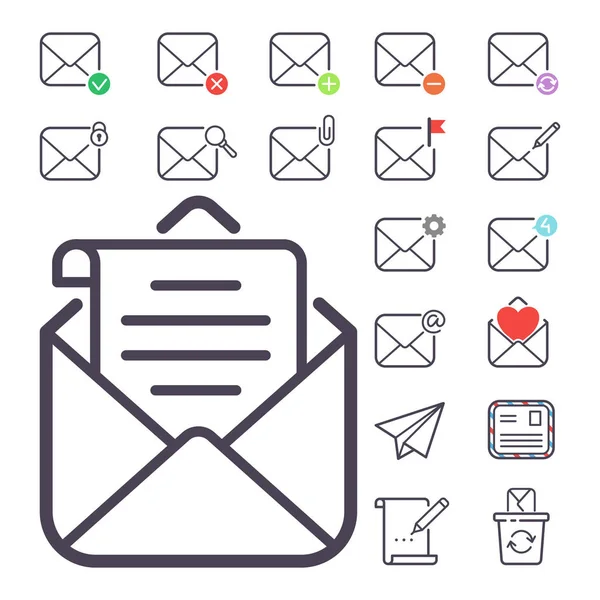 Векторные иконки писем электронной почты устанавливают конверт, охватывающий переписку с пустым адресом, очерчивая дизайн почтового ящика. Концепция почты — стоковый вектор