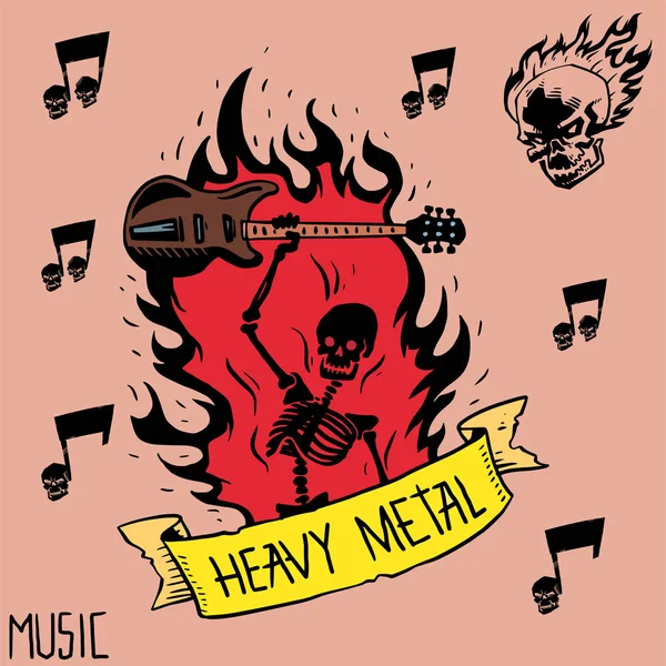 Heavy rock music badge vector background vintage label with punk skull symbol hard sound sticker emblem illustration — Stock Vector