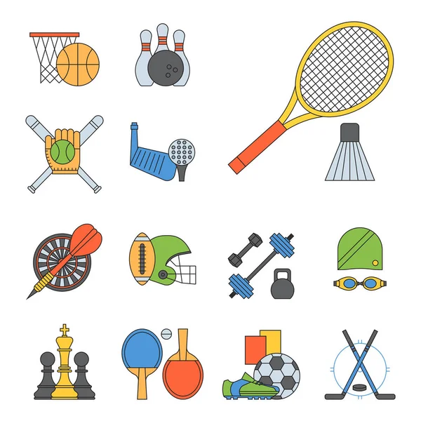 Σύνολο αθλητισμού ανυσματικά εικονίδια στην επίπεδη σχεδίαση γραμμής εικονόγραμμα γυμναστήριο αθλητές σύμβολο παιχνίδι τρόπαιο ανταγωνισμού αλτήρα δραστηριότητα απεικόνιση. Μπάσκετ, ποδόσφαιρο, χόκεϊ, γκολφ — Διανυσματικό Αρχείο