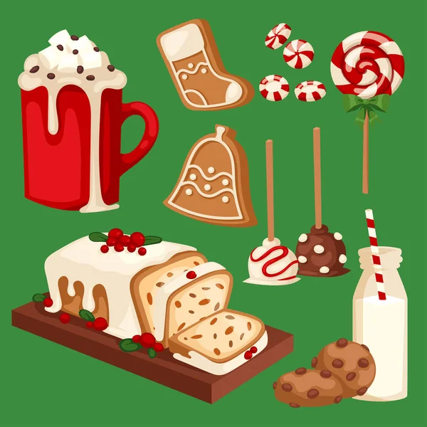 Boże Narodzenie żywności i desery wakacje dekoracji xmas słodki uroczystość wektor tradycyjnych uroczysty zima ciasto domowe danie. — Wektor stockowy