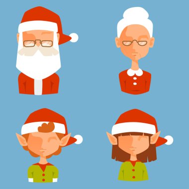Noel Baba avatar yüz karakter yüz avatarları gibi Noel Baba, elf, geyik, kardan adam illüstrasyon vektör
