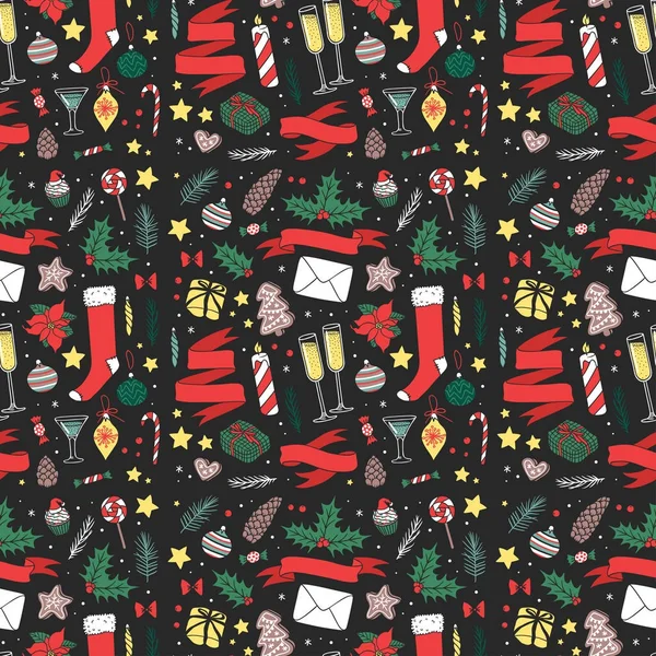 크리스마스 벡터 원활한 패턴 새 해 손으로 그린 카드 디자인 스타일 홀리데이 벽지 장식 크리스마스 배경 — 스톡 벡터