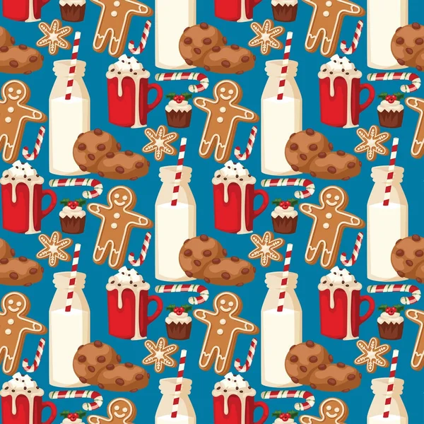 Cookie traditionele kerst voedsel naadloze patroon achtergrond desserts Vakantiewoningen decoratie xmas zoete viering maaltijd vectorillustratie. — Stockvector