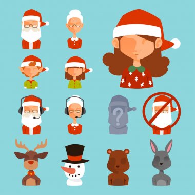 Noel Baba avatar yüz karakter yüz avatarları gibi Noel Baba, elf, geyik, kardan adam illüstrasyon vektör