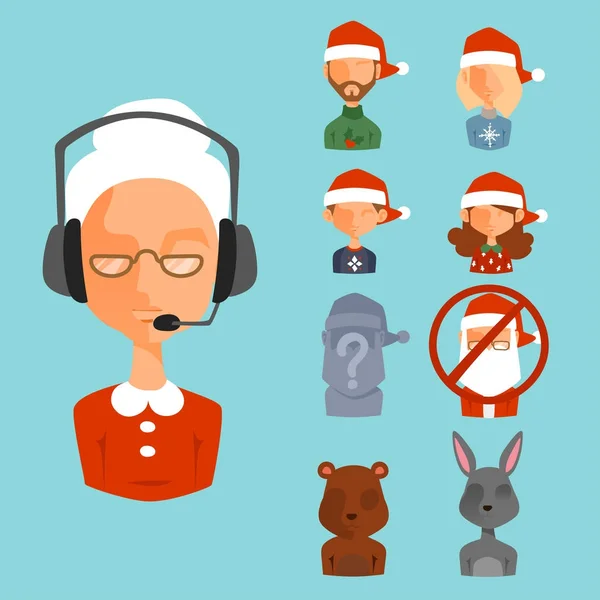 Santa Claus avatar gezicht tekens vector gezicht avatars zoals elf, herten, Kerstman, sneeuwman illustratie — Stockvector