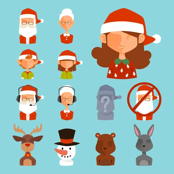 Avatar di Babbo Natale volto personaggi vector face avatar come Babbo Natale, elfo, cervo, pupazzo di neve illustrazione — Vettoriale Stock