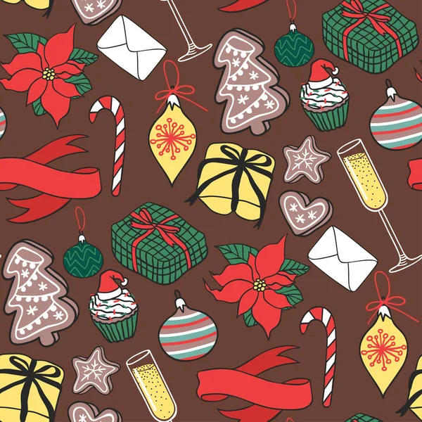 Vector de Navidad patrón sin costuras Año Nuevo dibujado a mano tarjeta de diseño estilo vacaciones papel pintado decoración fondo de Navidad — Vector de stock