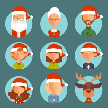 Noel Baba avatar yüz karakter yüz avatarları gibi Noel Baba, elf, geyik, kardan adam illüstrasyon vektör