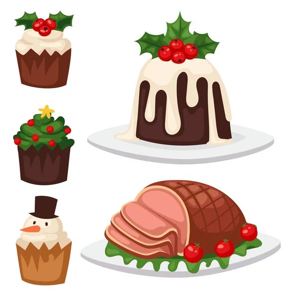 Vánoční jídla a dezerty dovolená dekorace vánoční sladké oslavy vektorové tradiční slavnostní zimní dort domácí jídlo. — Stockový vektor