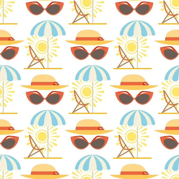 Plaj aksesuarları yaz şapka vektör güneş moda plaj seyahat güzel kafa şemsiye koruma kapağı Dikişsiz desen arka plan. — Stok Vektör