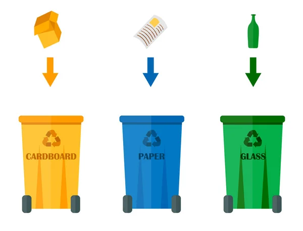 Verschiedene Recycling-Abfallarten Sortierung von Abfällen, Behandlung Wiederaufbereitung von Abfall verwenden Symbole Vektor Illustration. — Stockvektor