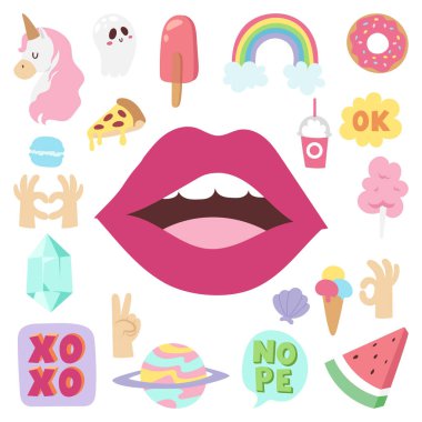 Hipster yamalar öğeleri elle çizilmiş şirin moda çıkartmaları doodle pop sanat kroki pimleri ve komik rozet vektör halat.