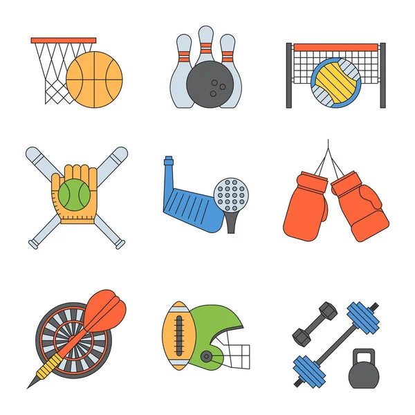 Conjunto de iconos de vectores deportivos en línea de diseño plano pictograma fitness deportistas símbolo juego trofeo competición manivela actividad ilustración. Baloncesto, fútbol, hockey, golf — Vector de stock