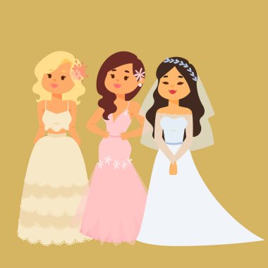 Gelinler düğün karakter vektör illüstrasyon kutlama evlilik moda kadın karikatür kız beyaz töreni evlenmek elbise
