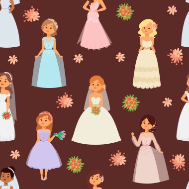 Gelinler düğün karakter vektör illüstrasyon kutlama evlilik moda kadın karikatür kız beyaz töreni evlenmek elbise Dikişsiz desen arka plan