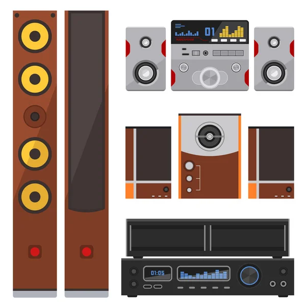 Akoestische geluidssysteem stereo platte vector muziek luidsprekers speler subwoofer materieeltechnologie. — Stockvector