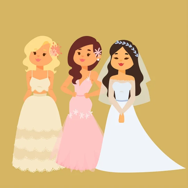 Casamento noivas personagens vetor ilustração celebração casamento moda mulher desenho animado menina branco cerimônia casamento vestido — Vetor de Stock