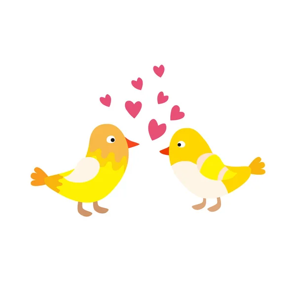 Dos pájaros encantadores pareja vector caer en el amor volar animales besándose con corazones amarillo pájaros ilustración — Archivo Imágenes Vectoriales