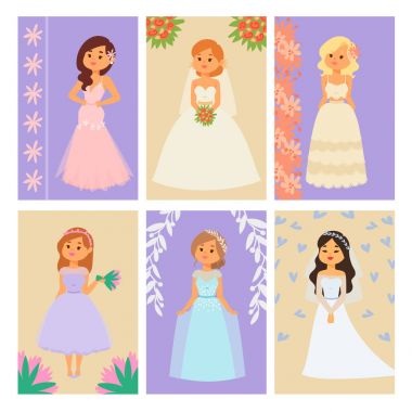 Gelinler düğün karakter vektör kartı illüstrasyon kutlama evlilik moda kadın karikatür kız beyaz töreni evlenmek elbise