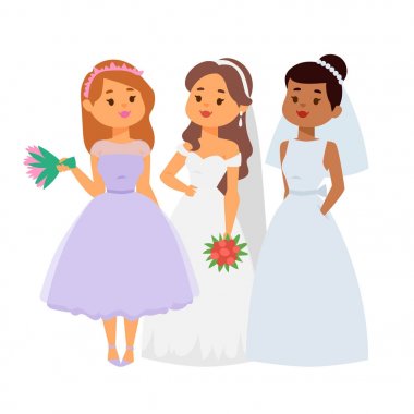 Gelinler düğün karakter vektör illüstrasyon kutlama evlilik moda kadın karikatür kız beyaz töreni evlenmek elbise