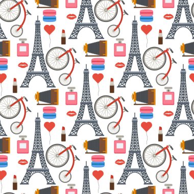Paris vektör ünlü yemekleri geleneksel modern Fransa Kültür Avrupa seyahat eiffel moda tasarım mimari Dikişsiz desen arka plan illüstrasyon.