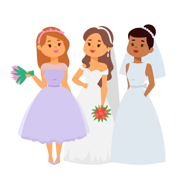 Matrimonio spose personaggi vettore illustrazione celebrazione matrimonio moda donna cartone animato ragazza bianco cerimonia sposare abito — Vettoriale Stock