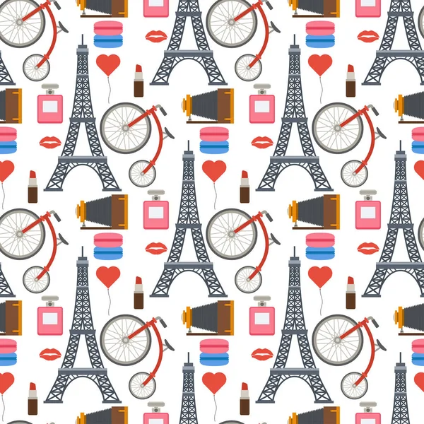 有名なパリのベクトル旅行料理伝統的な近代フランス文化ヨーロッパ エッフェル ファッション デザイン アーキテクチャのシームレスなパターン背景イラスト. — ストックベクタ