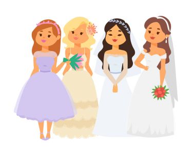 Gelinler düğün karakter vektör illüstrasyon kutlama evlilik moda kadın karikatür kız beyaz töreni evlenmek elbise