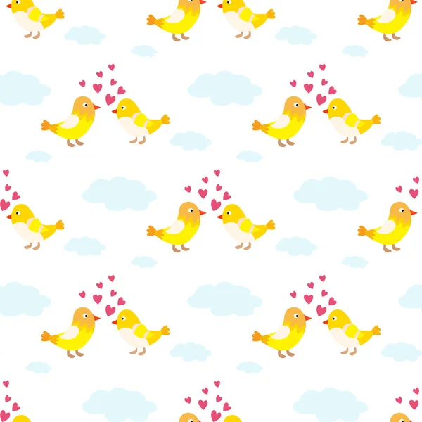 Deux beaux oiseaux couple vecteur tomber amoureux mouche animaux baisers avec coeurs jaune oiseaux illustration — Image vectorielle