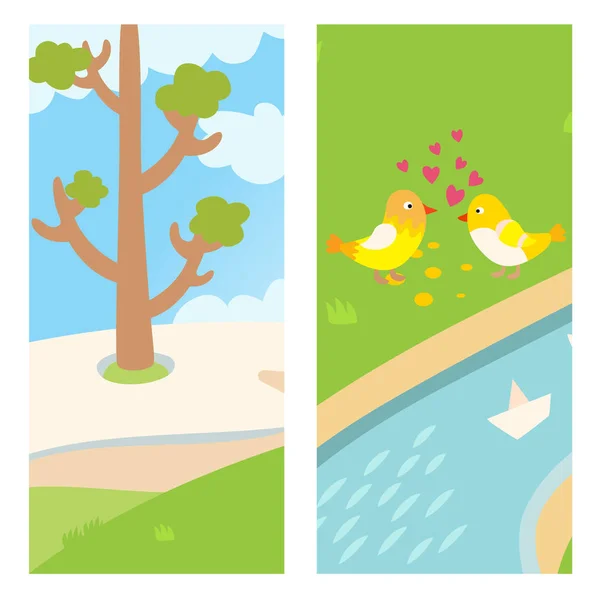 Dos pájaros encantadores primavera tarjeta con árbol y vector pareja enamorarse volar animales besándose con corazones amarillo pájaros ilustración — Archivo Imágenes Vectoriales