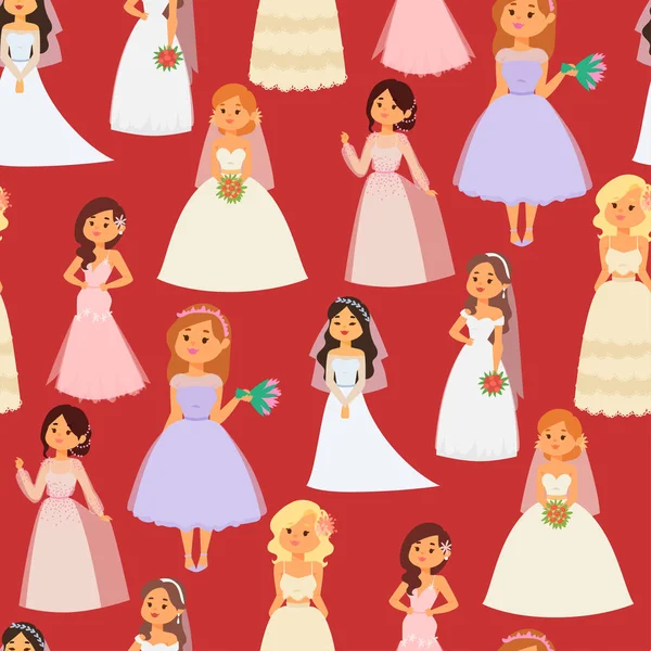 Casamento noivas personagens vetor ilustração celebração casamento moda mulher desenho animado menina branco cerimônia casar vestido sem costura padrão fundo —  Vetores de Stock