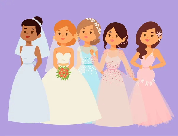 Casamento noivas personagens vetor ilustração celebração casamento moda mulher desenho animado menina branco cerimônia casamento vestido — Vetor de Stock