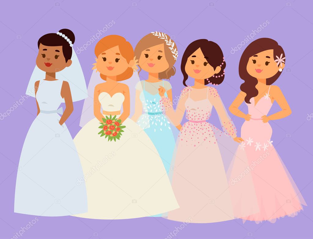 Wedding brides characters vector illustration celebration marriage fashion woman cartoon girl white ceremony marry dress