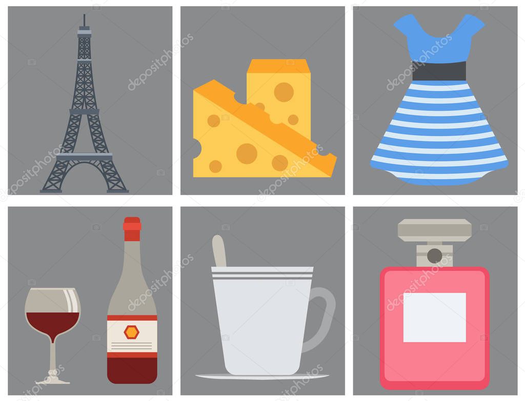 Paris icons vector famous travel cuisine traditional modern france culture europe eiffel fashion design architecture symbols illustration.