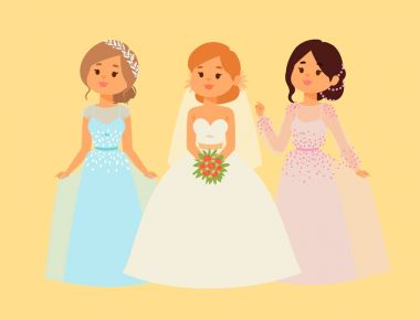 Gelinler düğün karakter vektör illüstrasyon kutlama evlilik moda kadın karikatür kız beyaz töreni evlenmek elbise