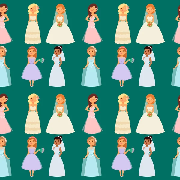 Свадебные невесты персонажи векторные иллюстрации празднование свадьбы мода женщина мультфильм девушка белая церемония жениться платье бесшовный фон шаблон — стоковый вектор