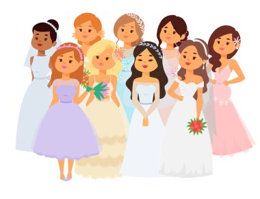 Gelinler düğün karakter vektör illüstrasyon kutlama evlilik moda kadın karikatür kız beyaz töreni evlenmek elbise