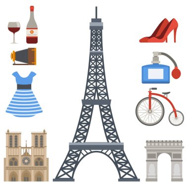 Paris simgeler vektör ünlü yemekleri geleneksel modern Fransa Kültür Avrupa seyahat eiffel moda tasarım mimari semboller illüstrasyon.