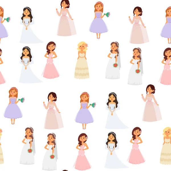 Casamento noivas personagens vetor ilustração celebração casamento moda mulher desenho animado menina branco cerimônia casar vestido sem costura padrão fundo — Vetor de Stock