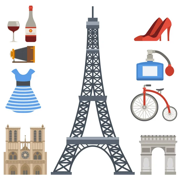 Iconos de París vector famoso viaje cocina tradicional moderna francia cultura europa eiffel diseño de moda arquitectura símbolos ilustración . — Vector de stock