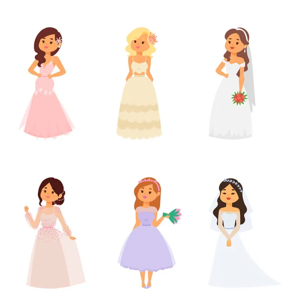 Wedding brides characters vector illustration celebration marriage fashion woman cartoon girl white ceremony marry dress — Stock Vector