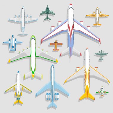 Uçaklar simgeler üstten görünüm vektör illüstrasyon izole arka plan üzerinde vektör. Havaalanı uçuş tatil taşıma yolcu uçakla seyahat. Türbin yolculuk pilot uçak jet.
