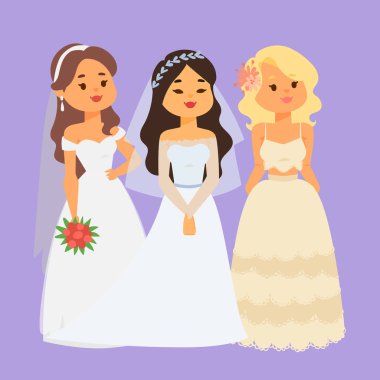 Gelinler düğün karakter vektör illüstrasyon kutlama evlilik moda kadın karikatür kız beyaz töreni evlenmek elbise