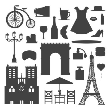 Paris simgeler vektör siluet ünlü seyahat mutfağının geleneksel modern Fransa Kültür Avrupa eiffel moda tasarım mimari semboller illüstrasyon.