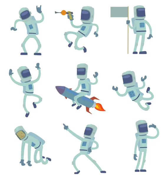 Romvesen-astronaut i verdensrommet som arbeider med å ha det gøy isolert på hvit bakgrunn galakse-solsystem romfarende, romvesen-reisende, menn gravitasjon, svevende reise-drakt, romvesen-robot-figur – stockvektor
