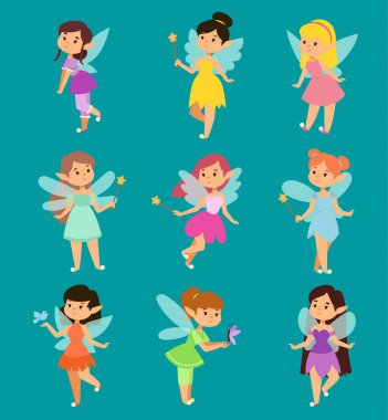 Güzel peri prenses peri kanatları uçmak karakter sihirli değnek kümesi vektör. Çizgi film periler topluluğu küçük kızlar karakter. Prenses moda fairytale sihirli fantezi şirin elbise taç kız